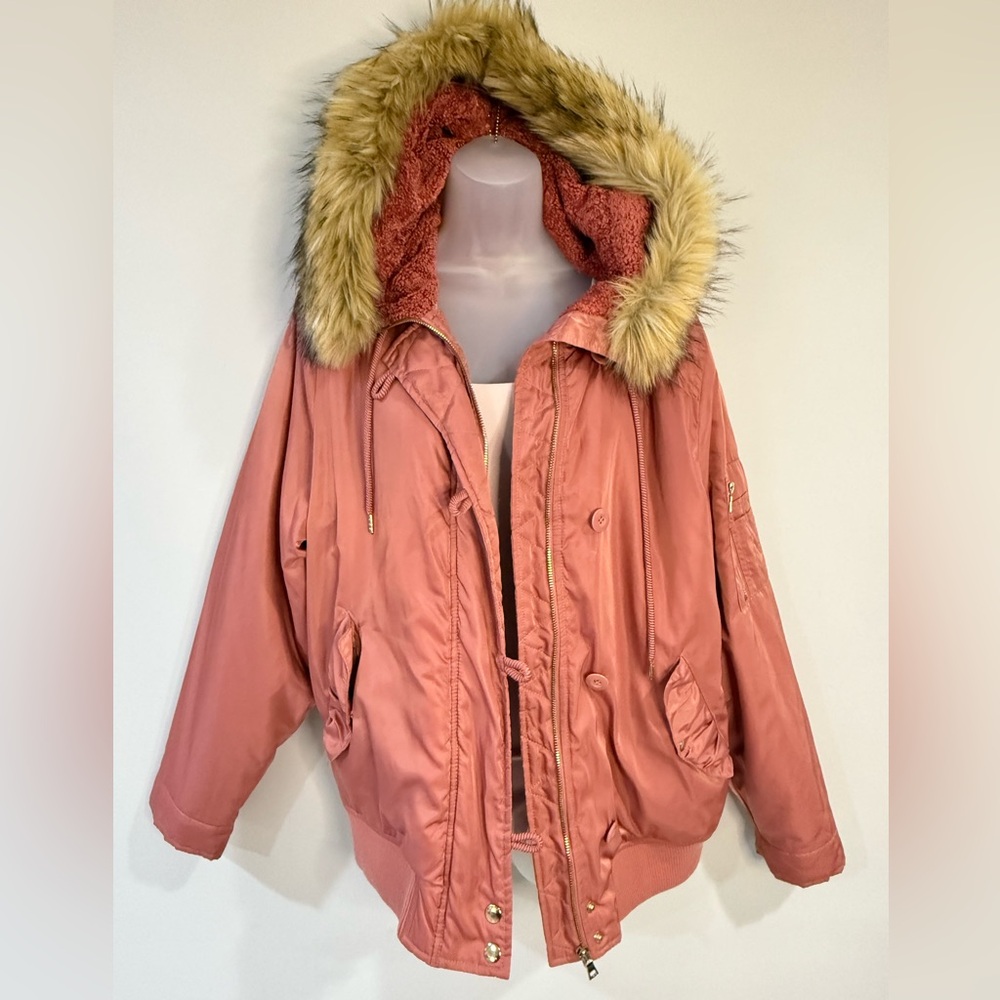 Forever 21 Blush Bomber Jacket with Faux Fur Trim